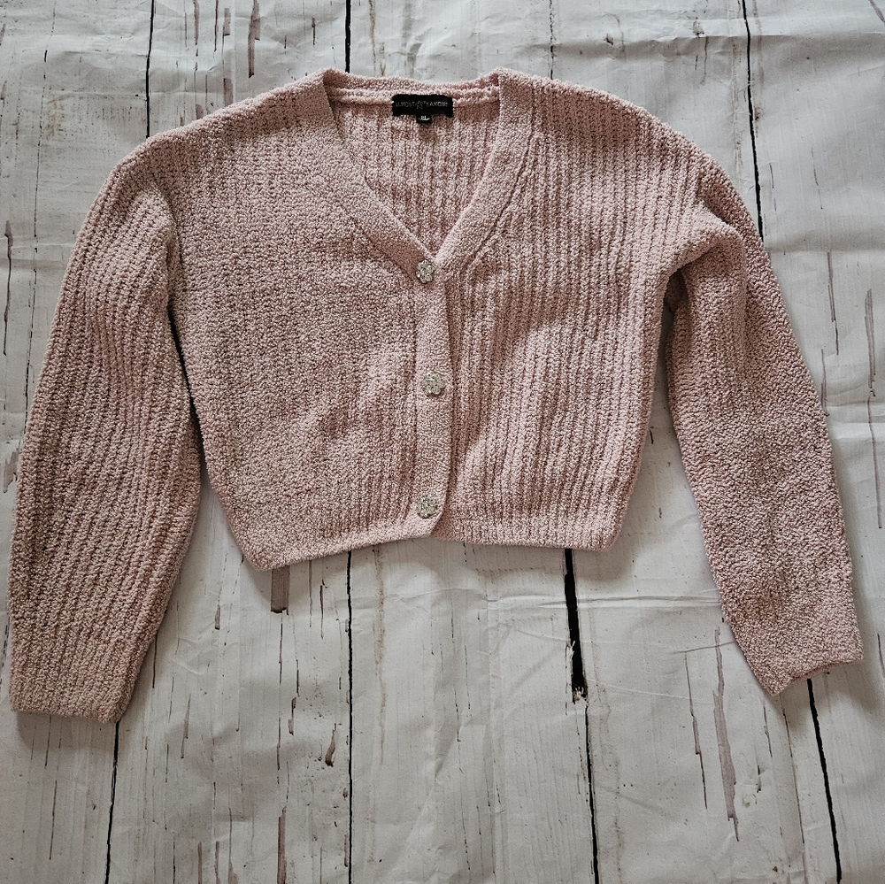 Almost Famous Women's Pink Cozy Button Up Pink Crop Cardigan Sweater Size Medium